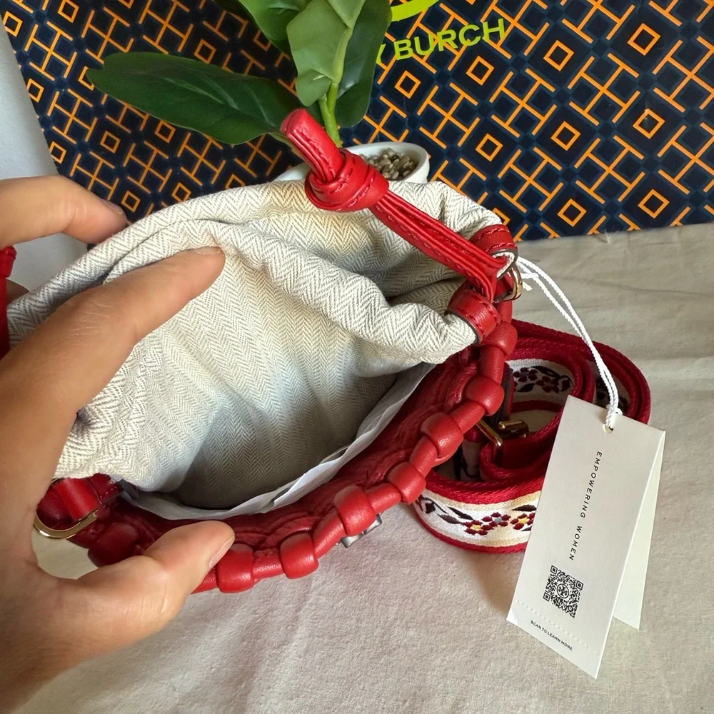NWT Emerson Warm Red Woven mini Bucket Bag with Embroidered Strap